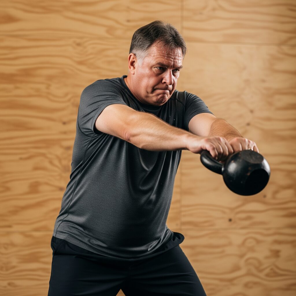 Hombre de edad senior entrenando con un kettebell Crossfit