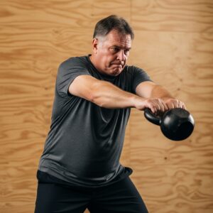 Hombre de edad senior entrenando con un kettebell Crossfit